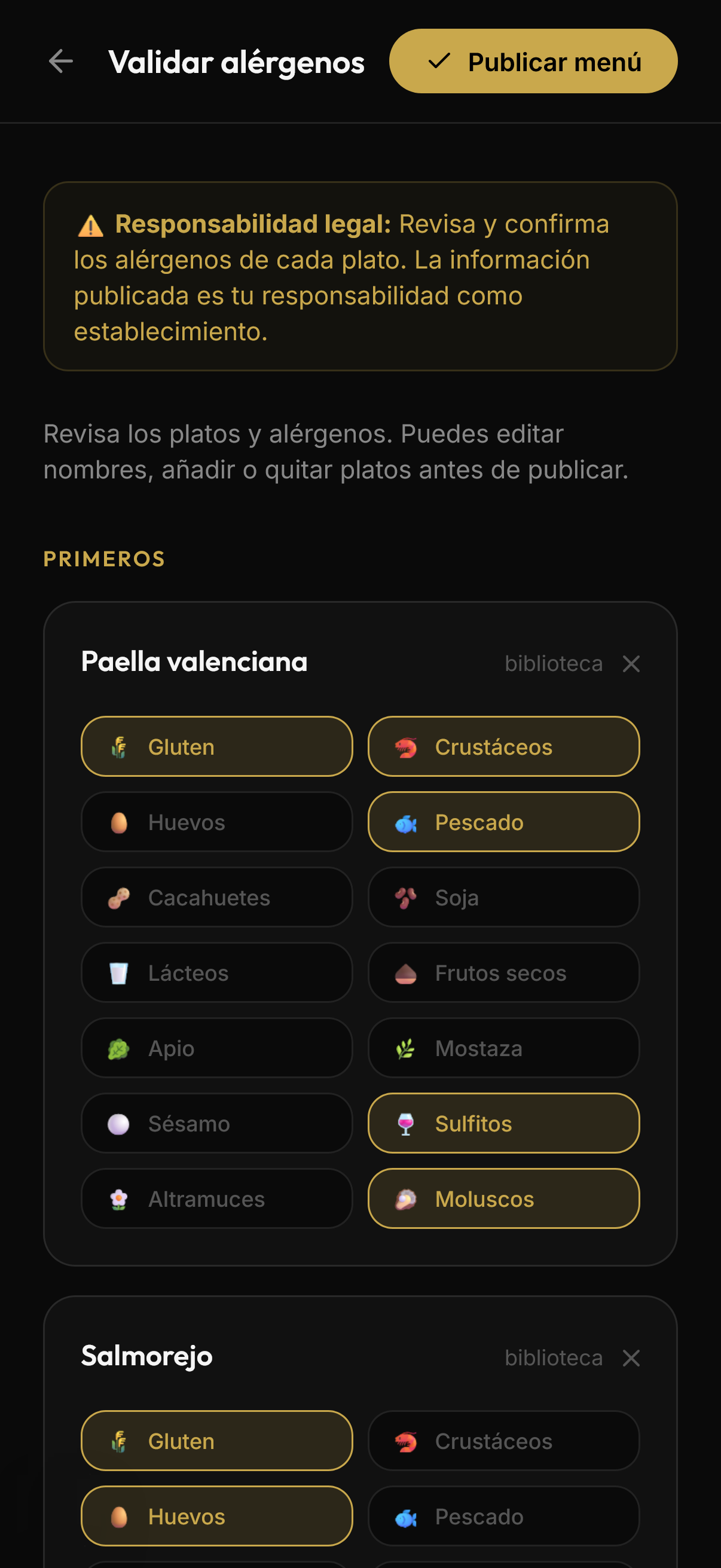 Pantalla de validación de alérgenos